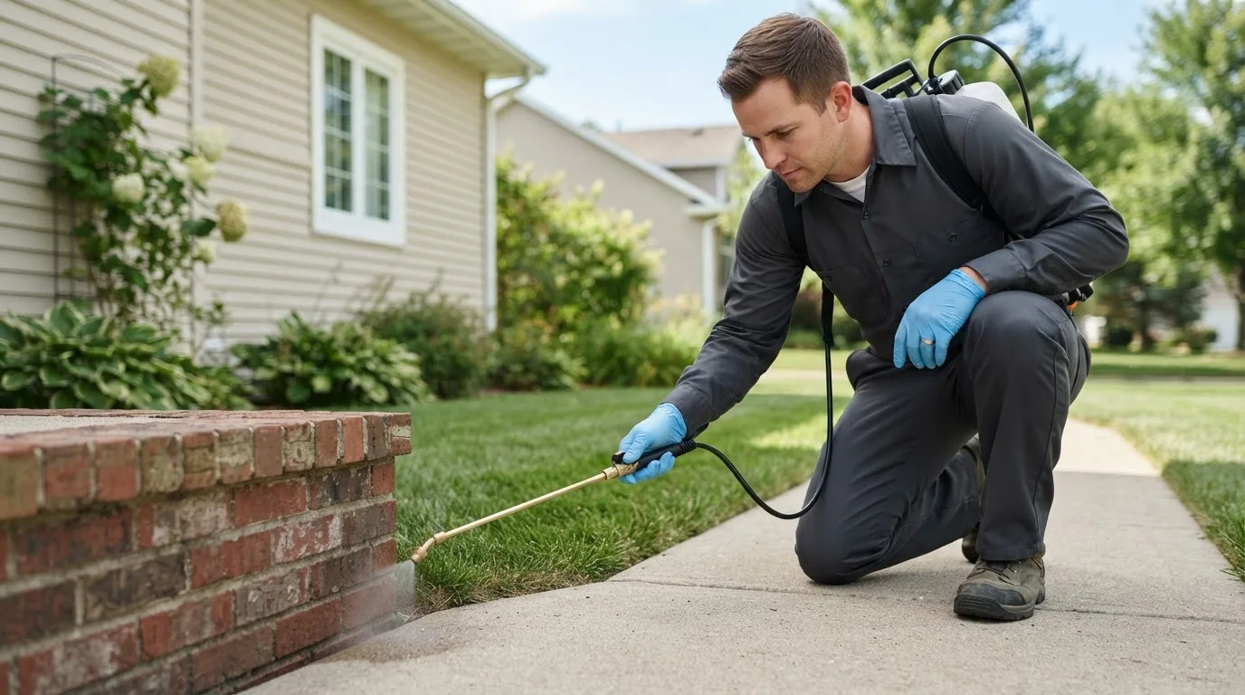 Pest control technician treating a home near Ypsilanti, ND
