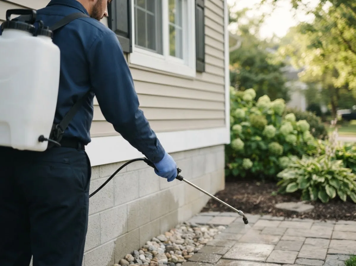 Pest control technician inspecting a home in Ypsilanti, ND